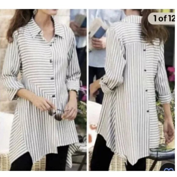 Soft Surroundings Asymmetrical Button Down Tunic Top Large Striped Laggenlook 1X - Picture 1 of 6